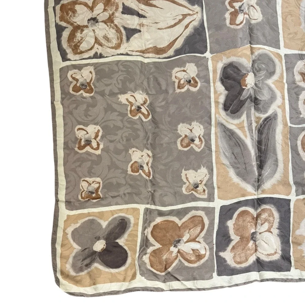 Vintage‎ Floral  Square Scarf Womens Tan Grey Neutral Cottage Classic Old Money